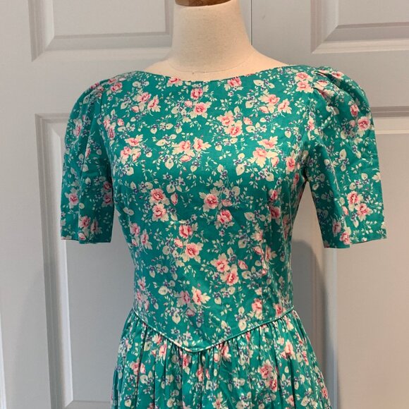 Vintage SS turquoise and pink Laura Ashley cotton dress US 10 - Picture 2 of 11